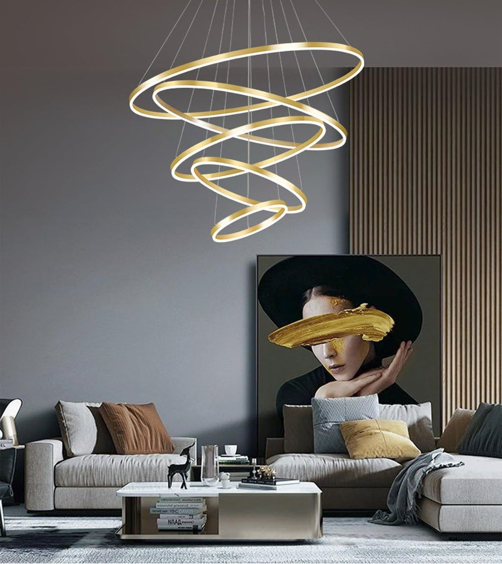 Modern LED Chandelier 6 Rings Gold with Remote Control for High Ceiling E67078