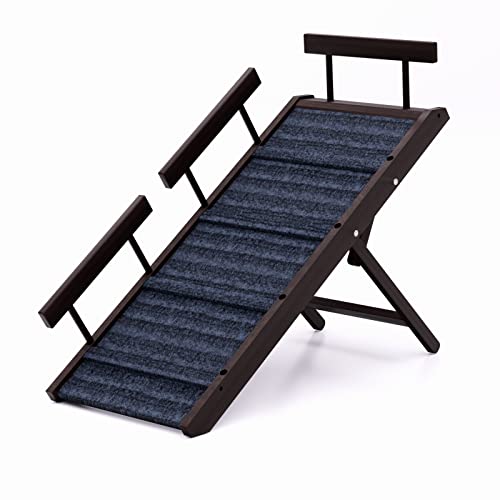 Dog Ramp with Safety Rails, Wooden Adjustable Pet Ramp for Small Dogs and Cats, 38” Long Ramps with Height from 12” to 21”, Non-Slip Dog Car Ramps for Couch, Bed, SUV