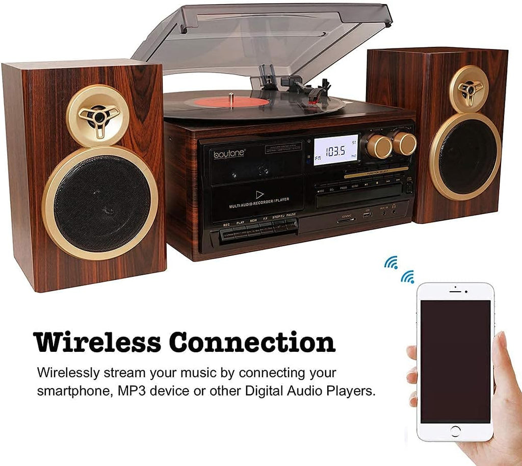 Bluetooth Record Player Turntable with AM/FM Radio, CD and Cassette Player V708