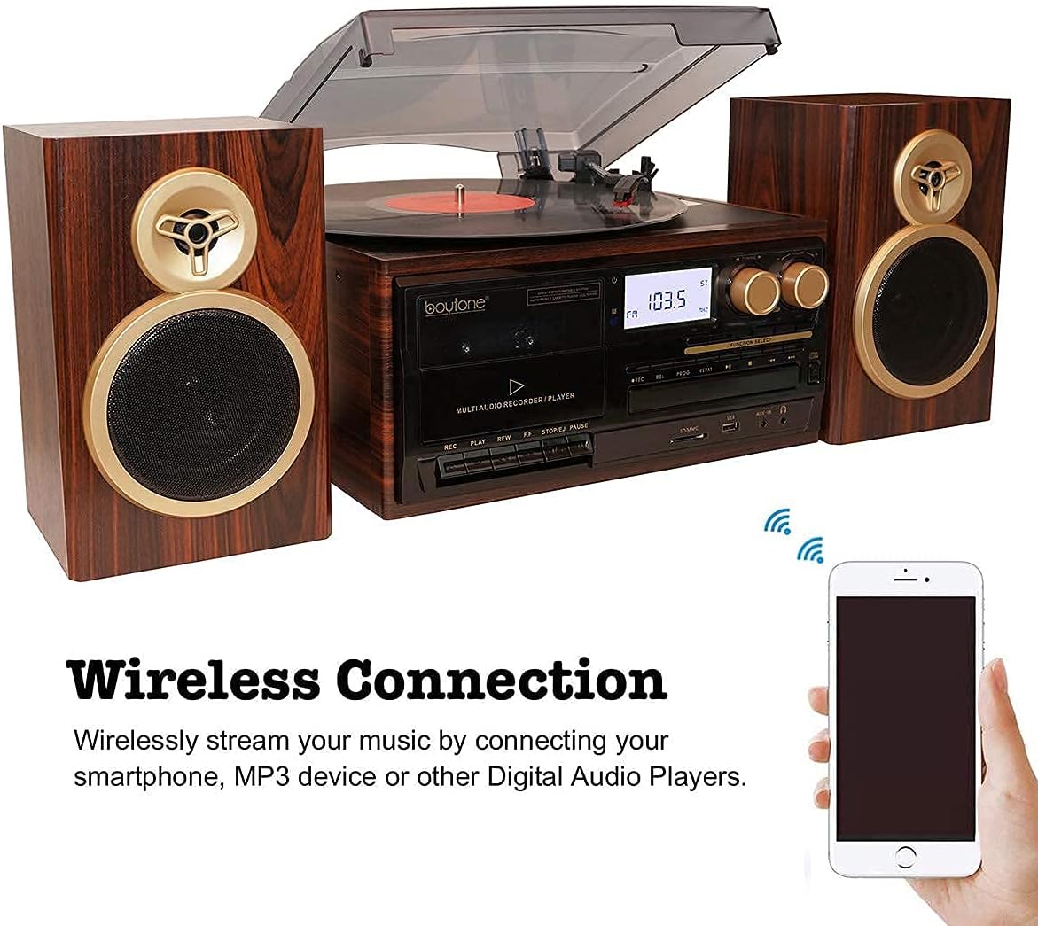 Bluetooth Record Player Turntable with AM/FM Radio, CD and Cassette Player V708