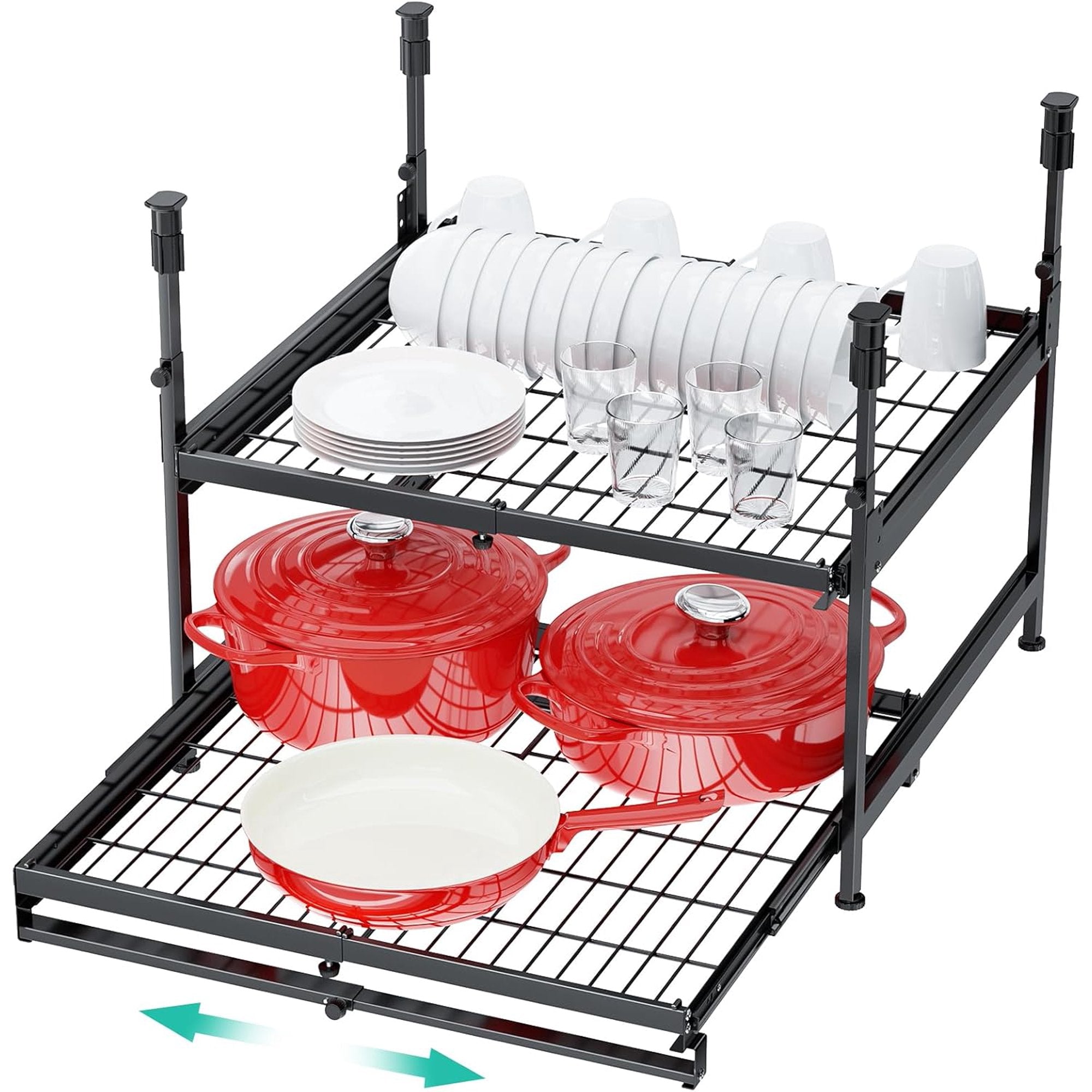 2 Tier Pull Out Cabinet Organizer Expandable 13-21 Inch Wide, No-Drill Slide Out Drawers Kitchen Cabinets Pull Out Shelves, Pantry Spice Pot and Pan Organizer Under Cabinet Storage Basket-21D
