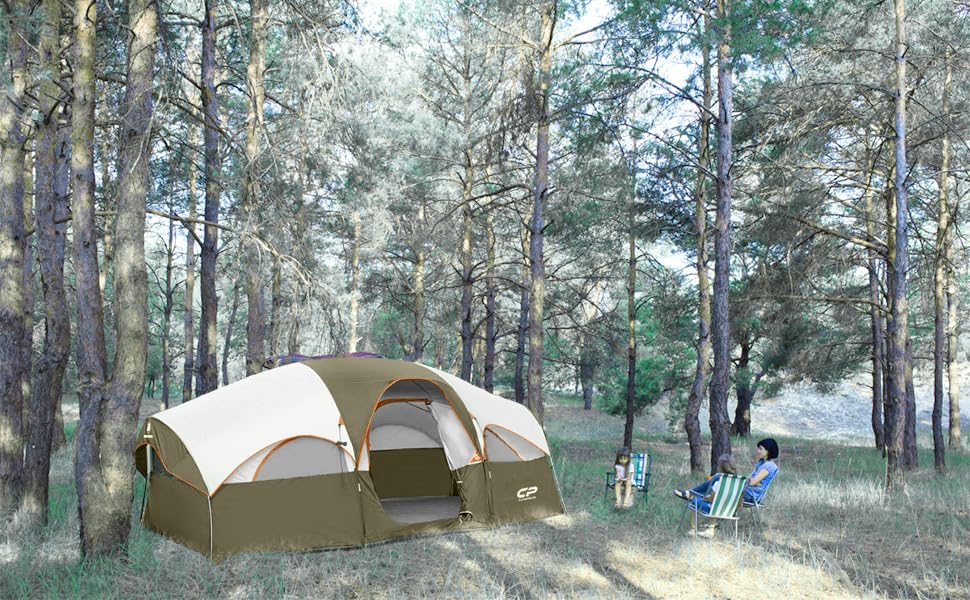 8 Person Camping Tent, Weather Resistant Family Tent with Mesh Windows and Carry Bag Q354
