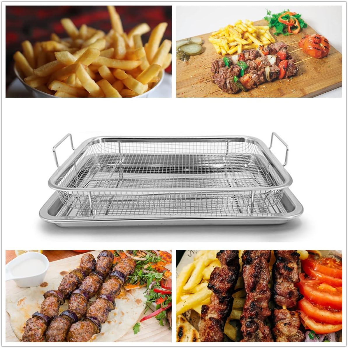 Stainless Steel Air Fryer Basket Set with Crisper Tray and Grease Catcher D725203