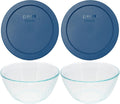 Pyrex (2) 7402 6-Cup Sculpted Glass Mixing Bowls and (2) 7402-PC 6-Cup Blue Spruce Lids