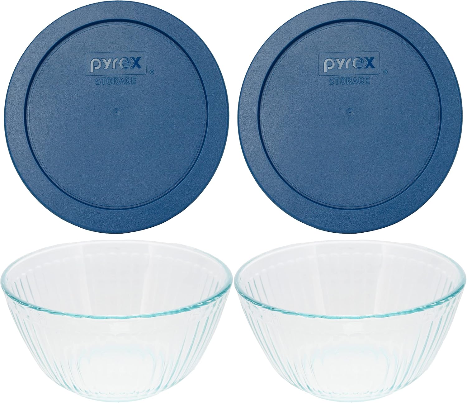 Pyrex (2) 7402 6-Cup Sculpted Glass Mixing Bowls and (2) 7402-PC 6-Cup Blue Spruce Lids