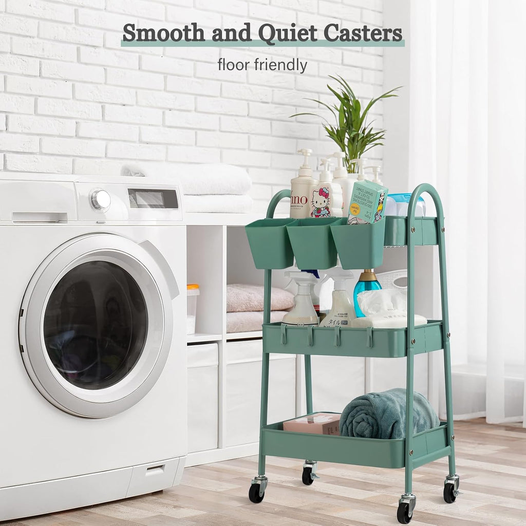 3-Tier Metal Rolling Utility Cart with Lockable Wheels and Hooks W1224