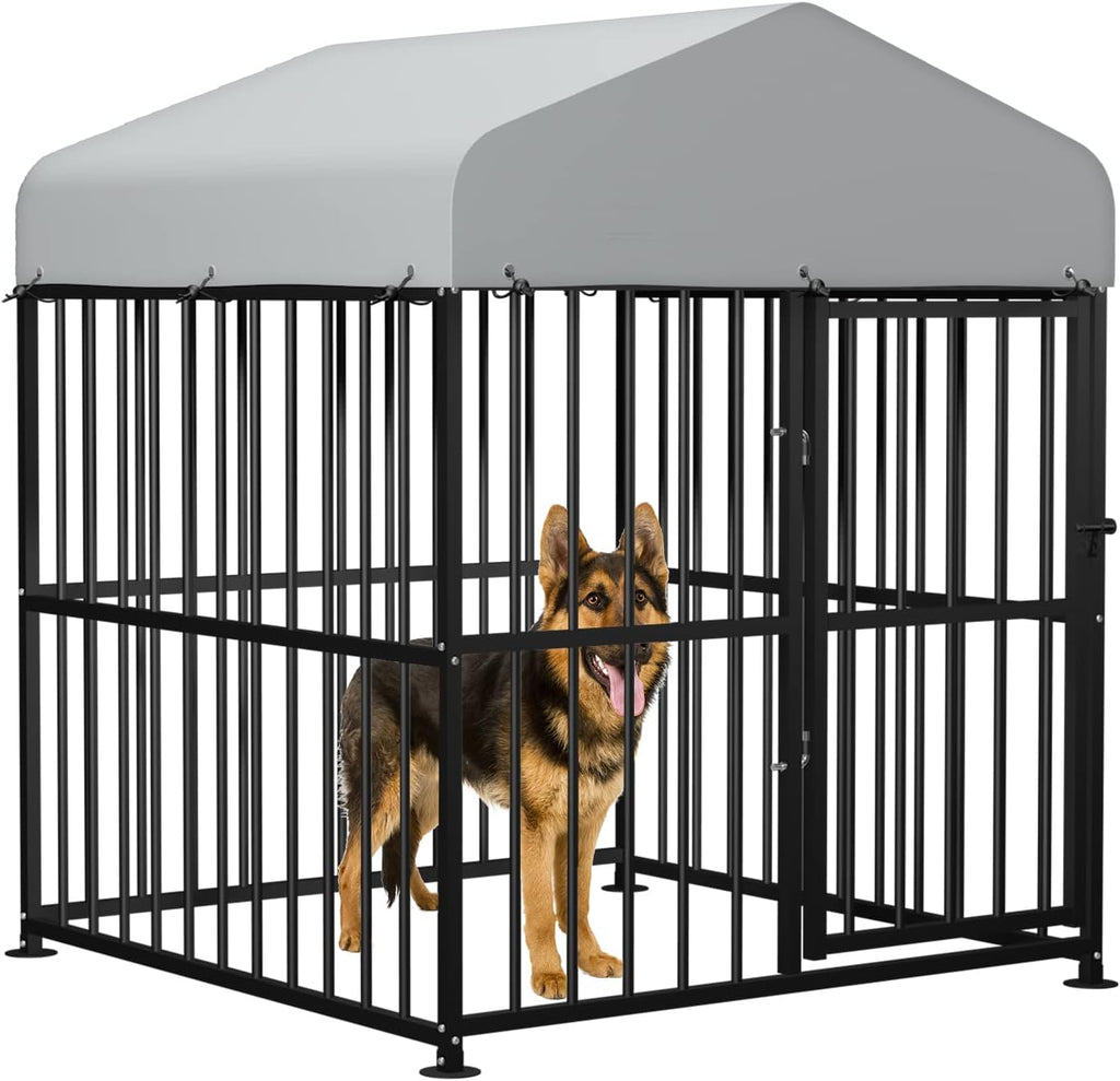 MEETWARM Large Outdoor Dog Kennel, Metal Heavy Duty Outdoor Indoor Pet Playpen, Anti-Rust Dog Pens Outdoor Dog Fence with Anti-UV & Waterproof Top Cover and Secure Lock for Backyard, 4'L x 4'W x 5'H