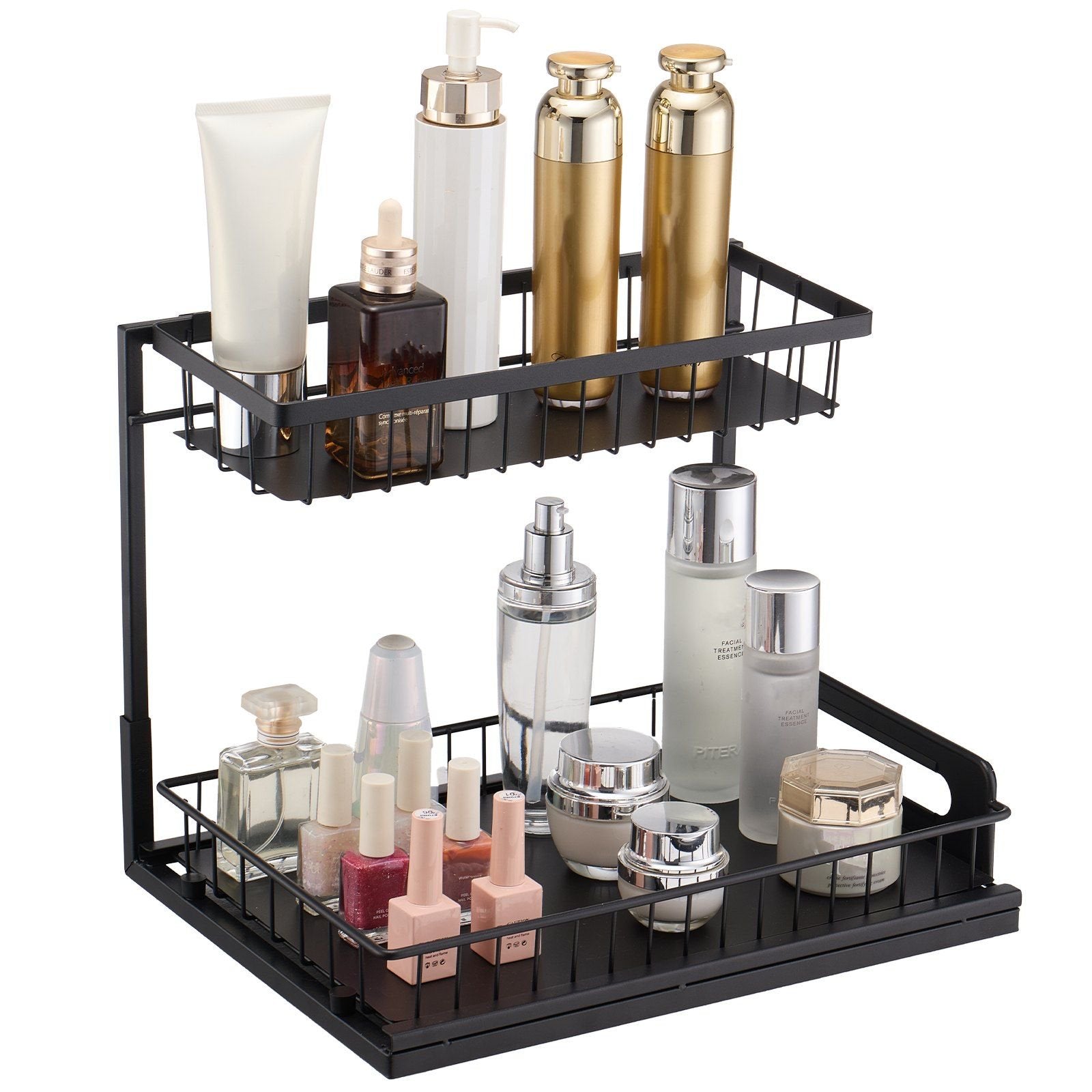 2-Tier Pull Out Cabinet Organizer, 10.7x14.2Under Sink Storage Basket, Expandable Wire Drawer for Kitchen &amp; Bathroom