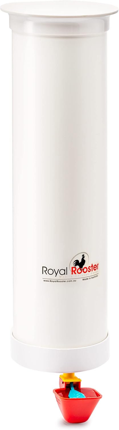 Royal Rooster 1 Gallon Automatic Chicken Waterer with 1 Gravity-Feed Valve-Operated Cup - Indoor and Outdoor Hanging Chicken, Duck and Poultry Water Dispensing System with Drinking Cup for The Coop
