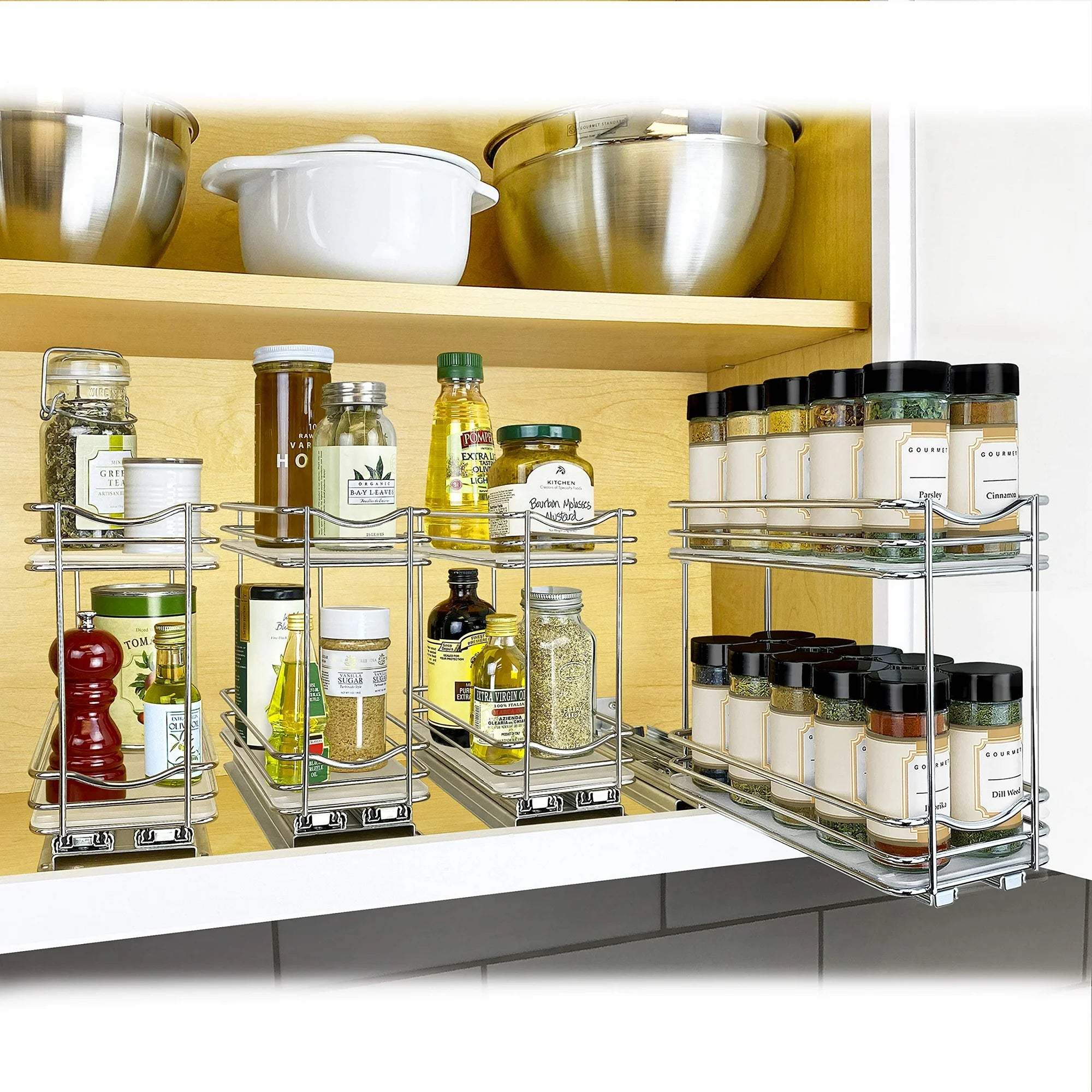 Spice Rack Organizer for Kitchen Cabinets, 2 Tier Sliding Drawer Shelf, Brown Q9403