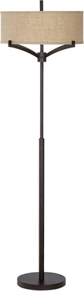 Franklin Iron Works Tremont Modern Mid Century Floor Lamp Standing 62" Tall Deep Bronze Metal Tan Burlap Drum Shade for Living Room Reading Bedroom Office House Home Decor