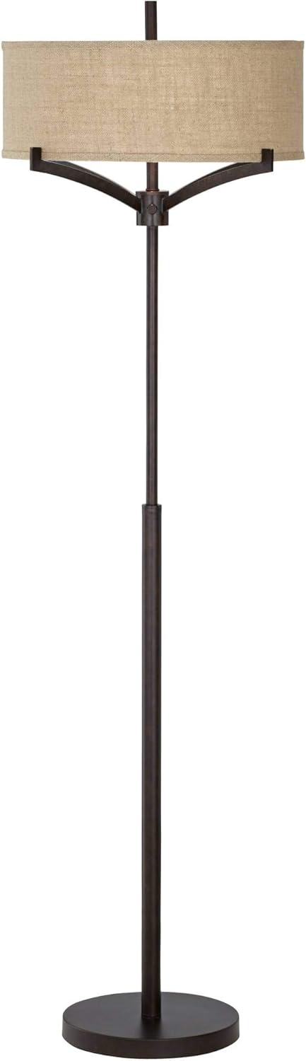 Franklin Iron Works Tremont Modern Mid Century Floor Lamp Standing 62" Tall Deep Bronze Metal Tan Burlap Drum Shade for Living Room Reading Bedroom Office House Home Decor