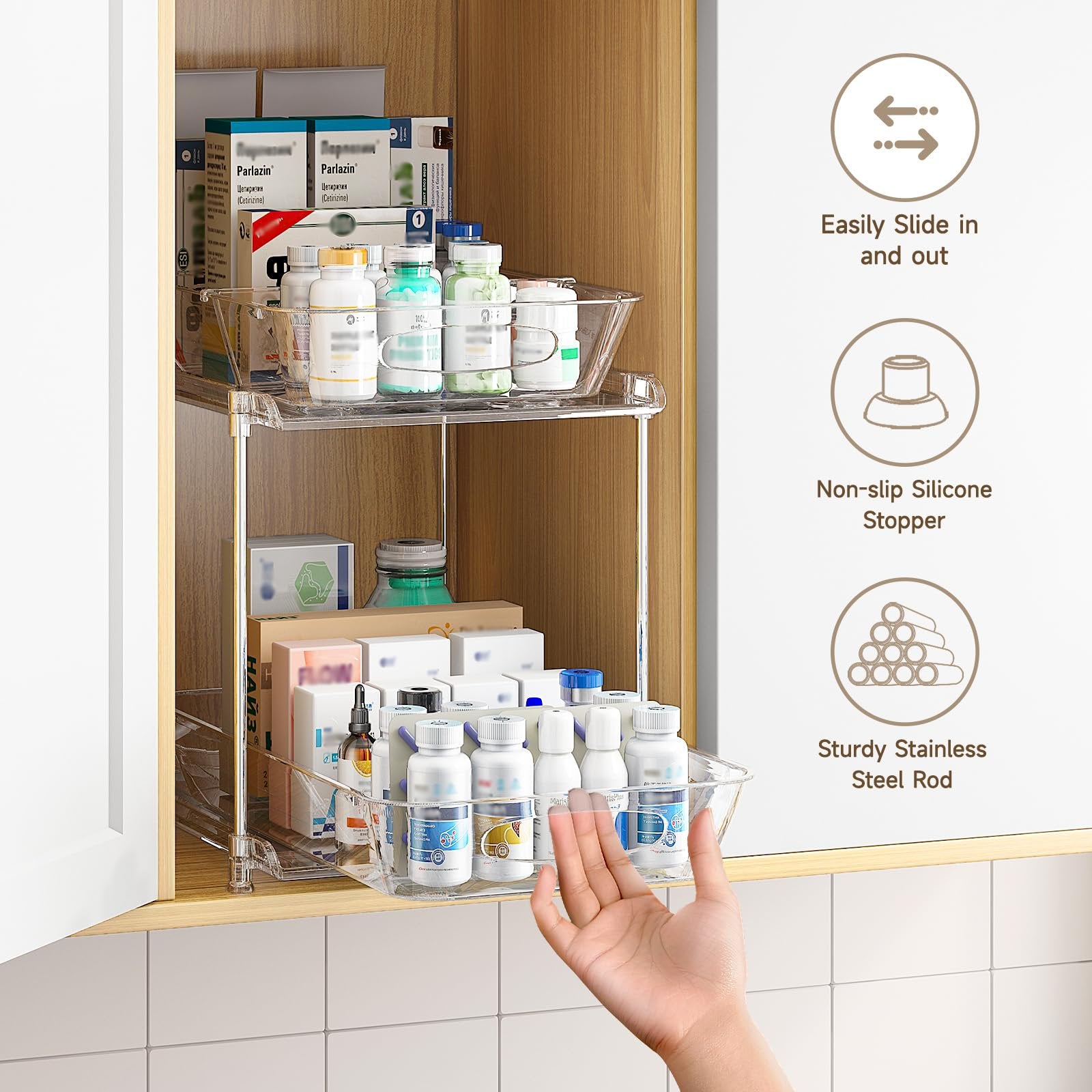 Under Sink Organizer 2 Pack, Clear Pull Out Drawer Storage with Movable Dividers A691
