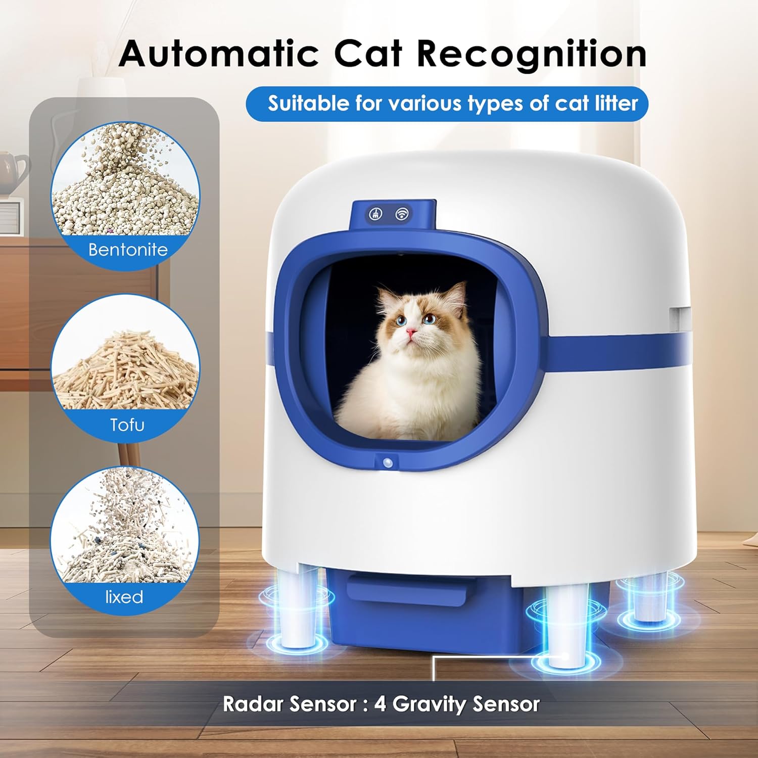 Self-Cleaning Cat Litter Box, Automatic Large Capacity for Multiple Cats, White & Blue R5154