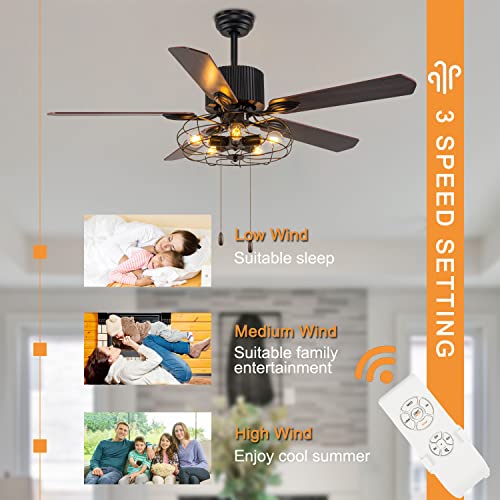 Caged Ceiling Fan with Lights Remote Control, 52" Industrial Black, 5 Reversible Blades L834504