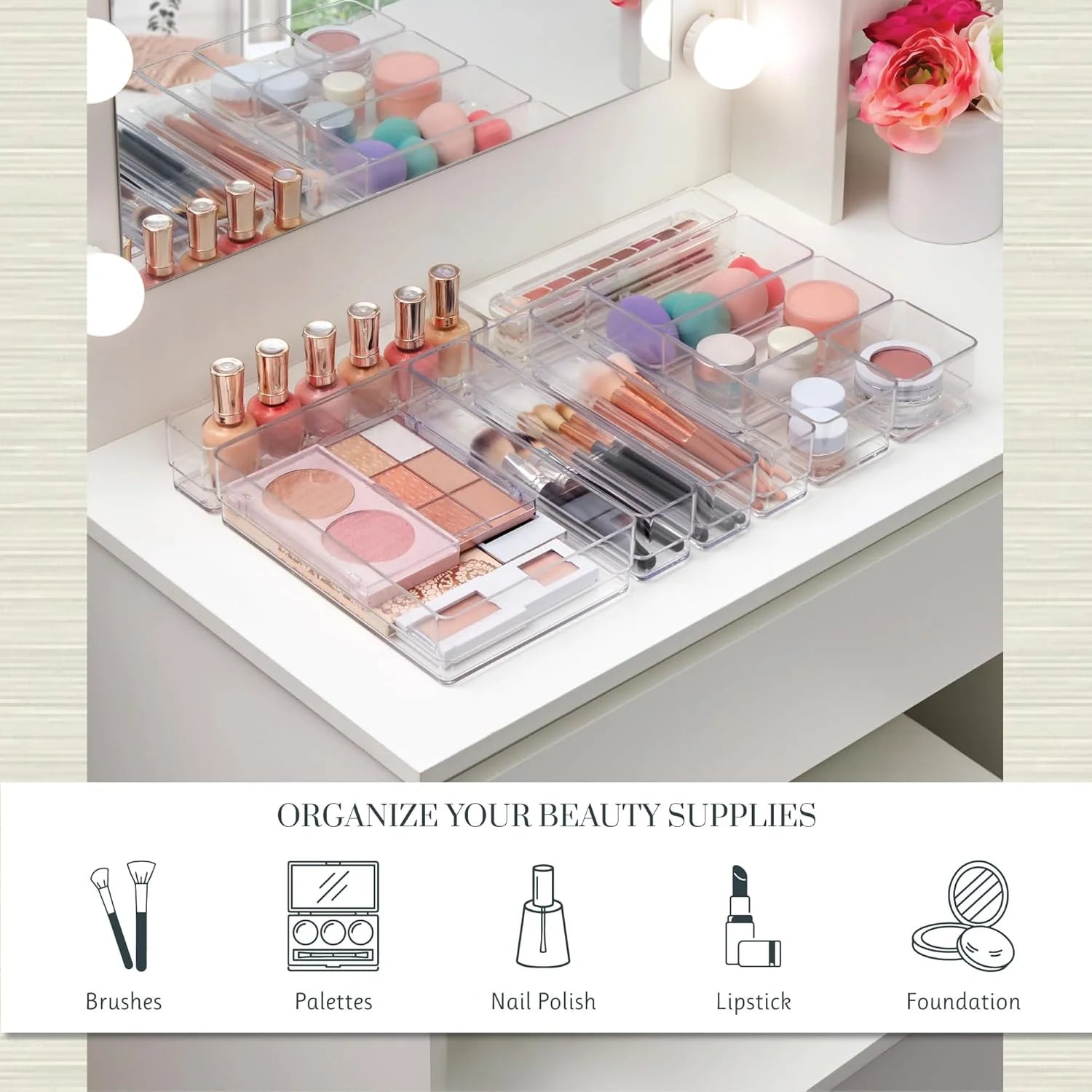 Stackable transparent drawer organizer set with multi-size trays F506863