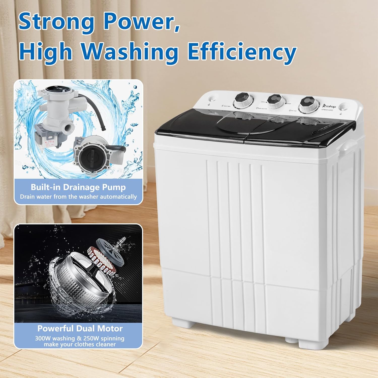 Portable Compact Twin Tub Washer with Spin Cycle and Gravity Drain T425
