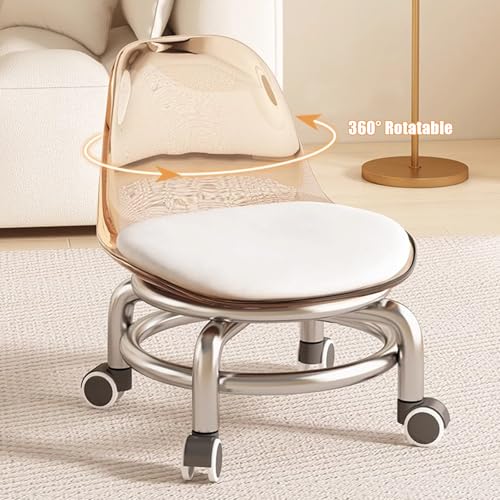 Acrylic Pulley Low Stool with Backrest, 360° Swivel Chair, Caster Wheels, Grey O5728