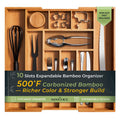 Expandable Bamboo Drawer Organizer, 10 Compartment Cutlery Tray, 2.2 Inch Deep Utensil Storage, Non Slip Silicone Pads, Adjustable Width, Brown