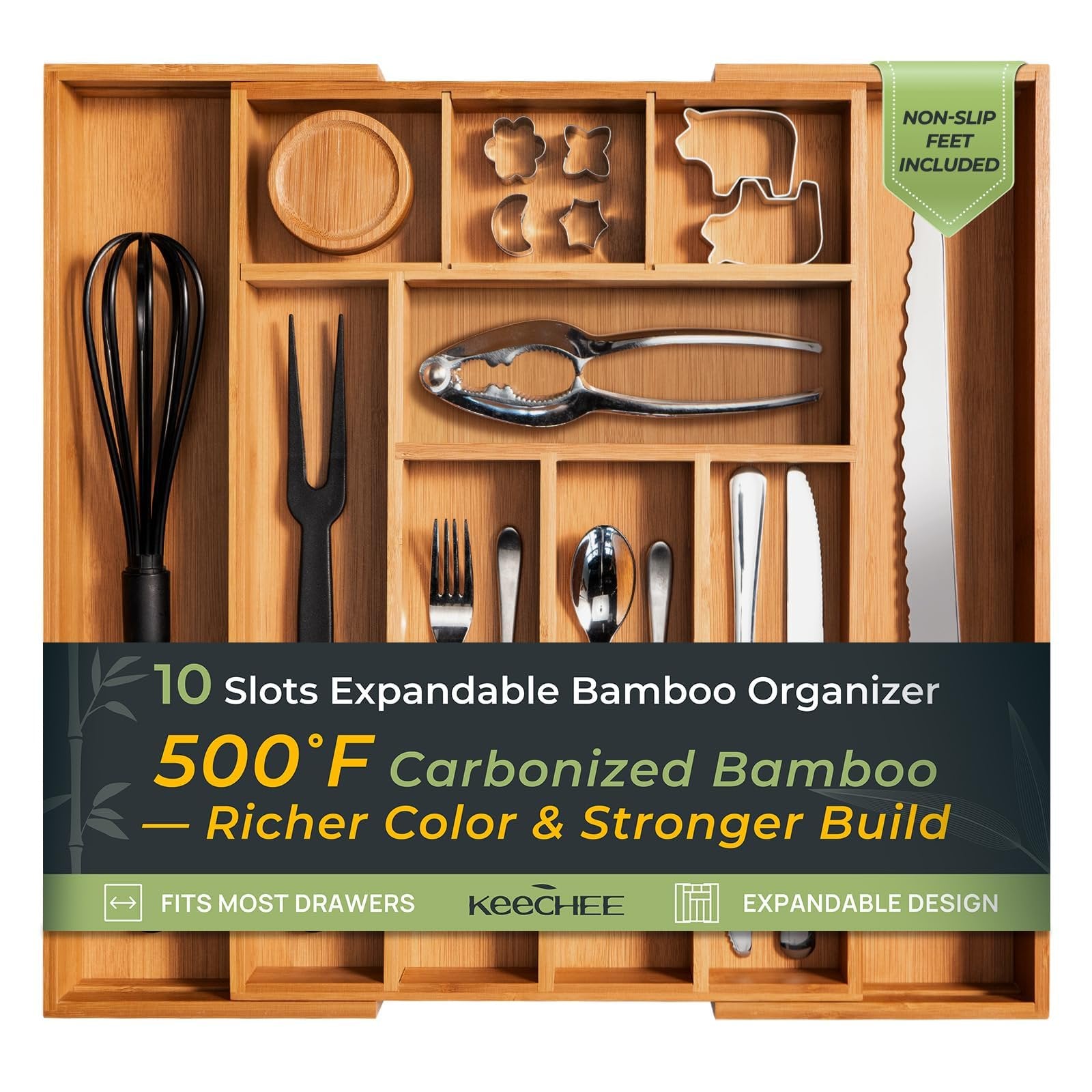 Expandable Bamboo Drawer Organizer, 10 Compartment Cutlery Tray, 2.2 Inch Deep Utensil Storage, Non Slip Silicone Pads, Adjustable Width, Brown