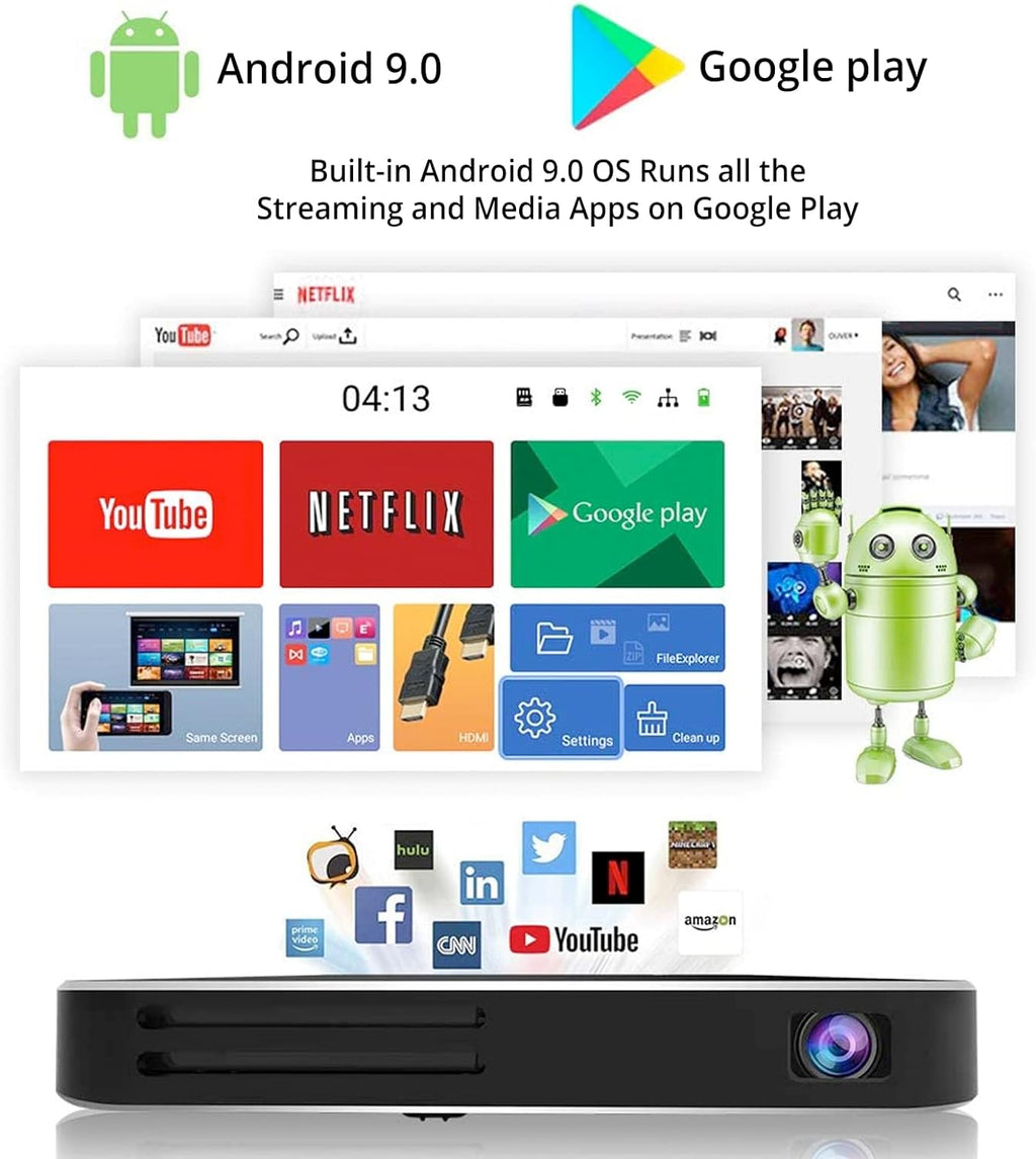 Mini Pocket Pico Projector, 1080P DLP Portable with Android OS, Built-in Battery WiFi & Bluetooth R856789
