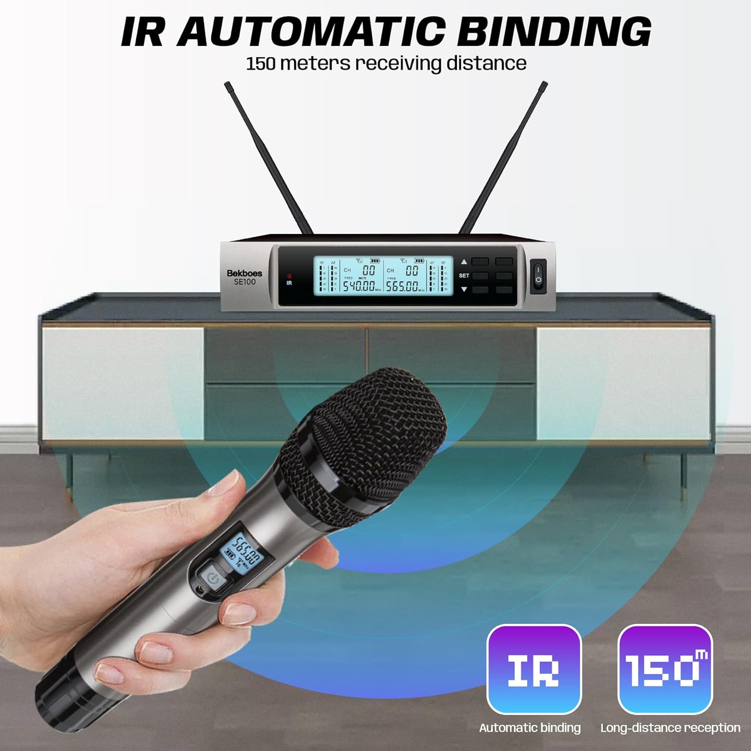 Dual Dynamic Handheld UHF Wireless Microphone System, 492ft Range for Karaoke, Meetings, Parties W212897