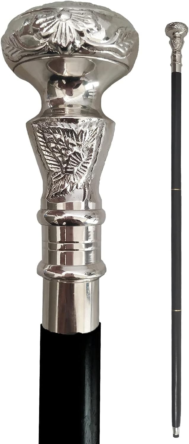 brass walking cane vintage wooden walking stick for women and men black shaft silver brass handle halloween costume cane steampunk knob gift