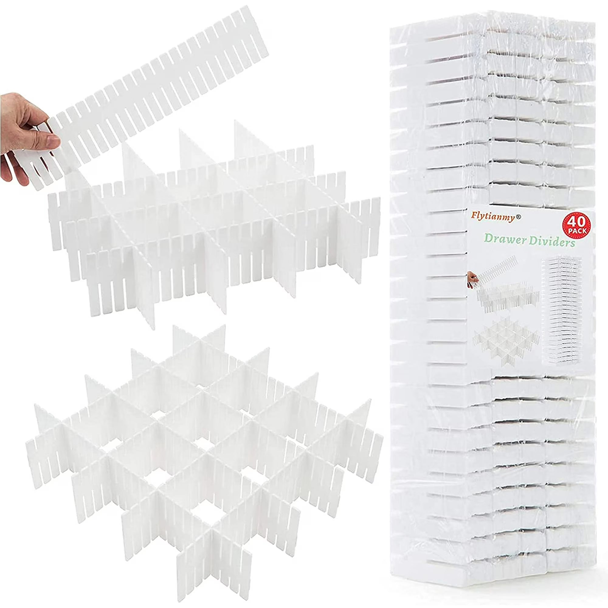 40 Pack Drawer Dividers Organizer Set for Underwear Socks Makeup Accessories, Flexible Partition Tray for Dresser Cabinet Closet, Space Saver, White