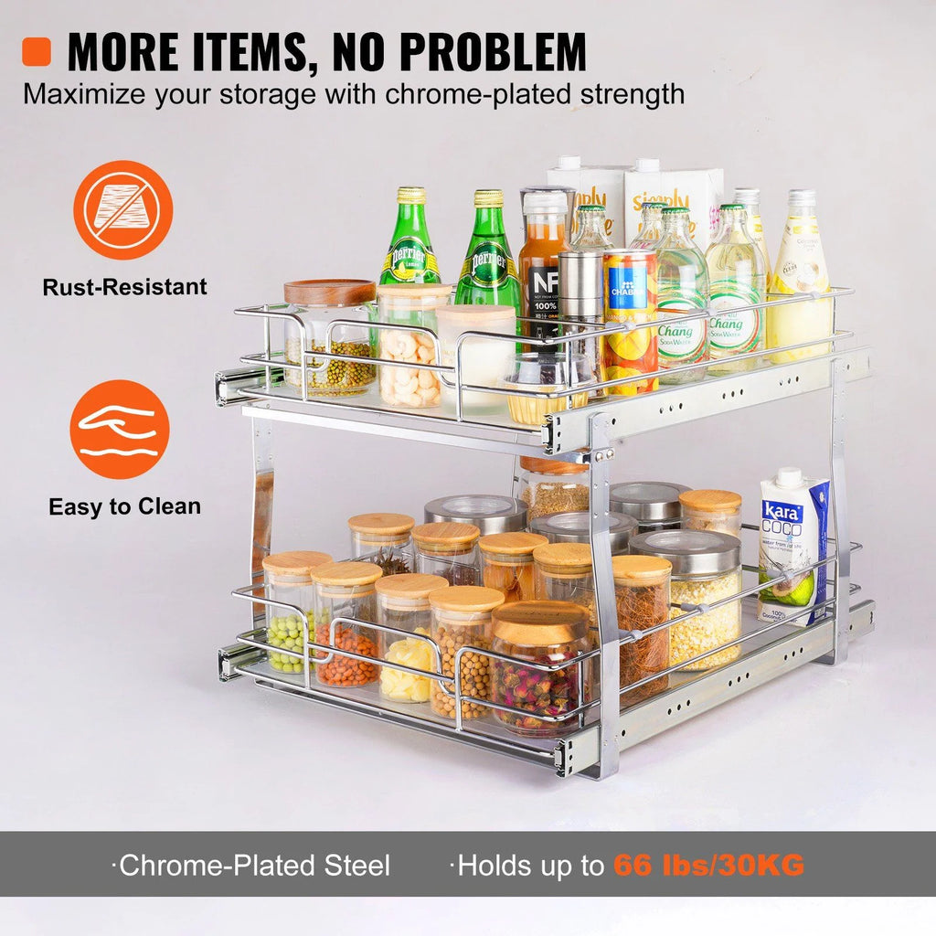 Pull Out Cabinet Organizer, Chrome Steel, 2-Tier F619802
