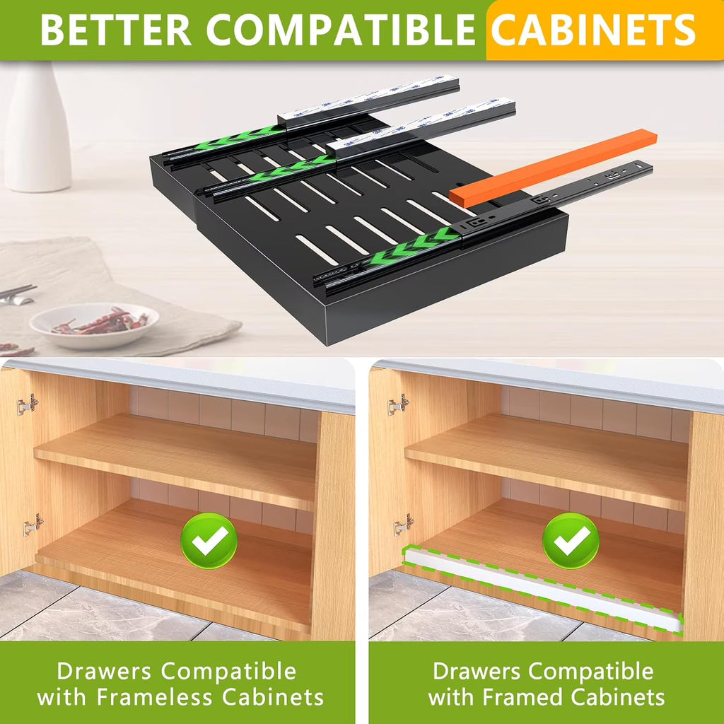 2 Pack 16.5Deep Pull out Cabinet Organizers, Expandable Slide out Drawers,  Shelves Fixed with Adhesive Nano Film Compatible Framed Cabinets for Kitchen Pantry Adjustable Width 12.6-20.5Black