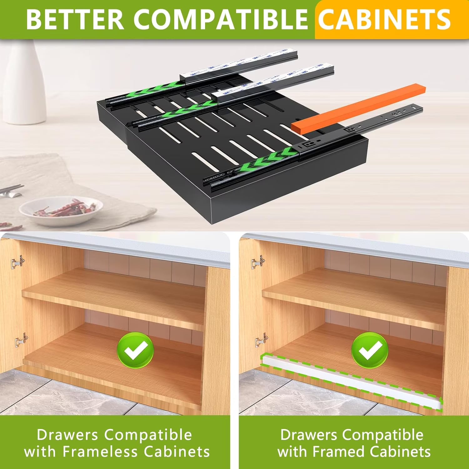 2 Pack 16.5Deep Pull out Cabinet Organizers, Expandable Slide out Drawers,  Shelves Fixed with Adhesive Nano Film Compatible Framed Cabinets for Kitchen Pantry Adjustable Width 12.6-20.5Black