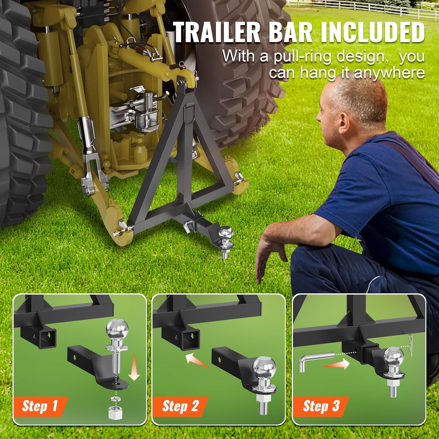 3 Point Hitch Receiver 2" Trailer Hitch Tractor Tow Drawbar Adapter with Pins C457