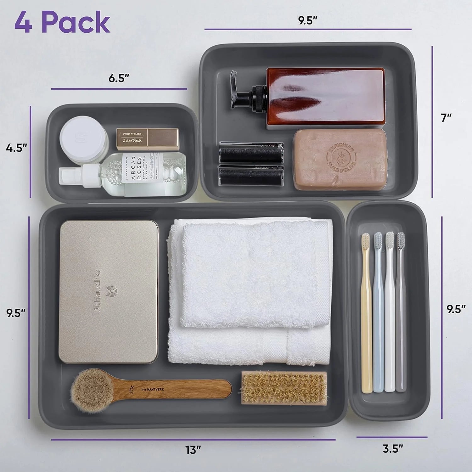 Plastic Desk Drawer Organizer Tray, Grey, Set of 4 P746