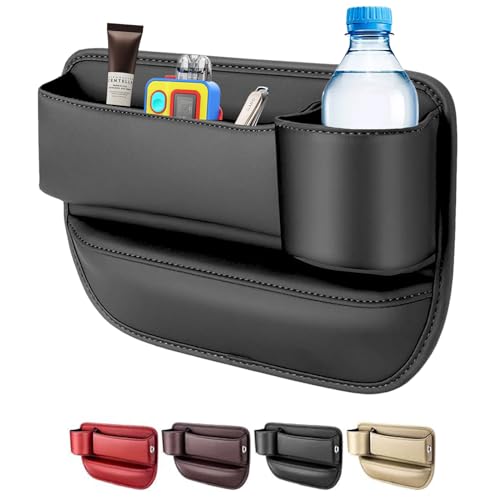 LINPING Car Leather Cup Holder Gap Bag, 2024 New Seat Gap Storage Box, Adjustable Leather Seat Car Gap Filler Organizer for Glasses Phones Keys and Cards (off white, Driver Side)