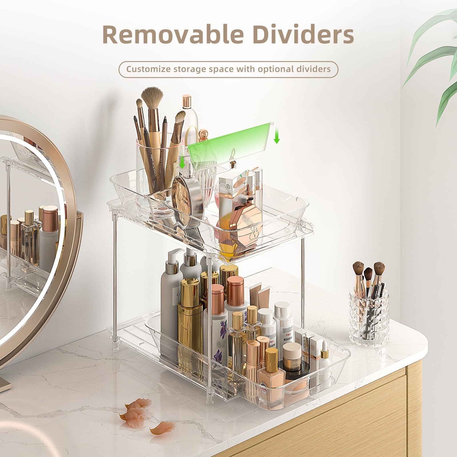 Under Sink Organizer 2 Pack, Clear Pull Out Drawer Storage with Movable Dividers A691