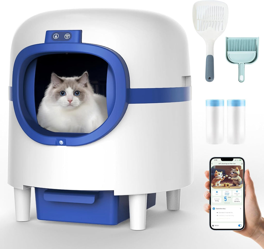 LMVVC Self Cleaning Cat Litter Box, Automatic Cat Litter Box Large Capacity Suitable for Multiple Cats,APP Control/Low Noise/Safety Protection/Odor Removal,2 Rolls Garbage Bags, White & Blue