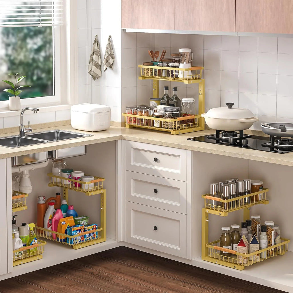 Under Sink Organizer 2 Pack, Height Adjustable, 2 Tier Pull Out Storage Shelf, Metal, Gold I717568