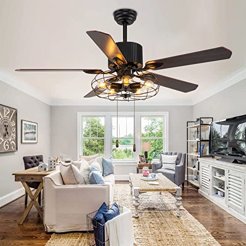 Farmhouse Caged Ceiling Fan with Lights Remote Control, 52" Industrial Black Chandelier Fan Pull Chain, Rustic Vintage Ceiling Fan Light with 5 Reversible Blades for Bedroom, Living Room