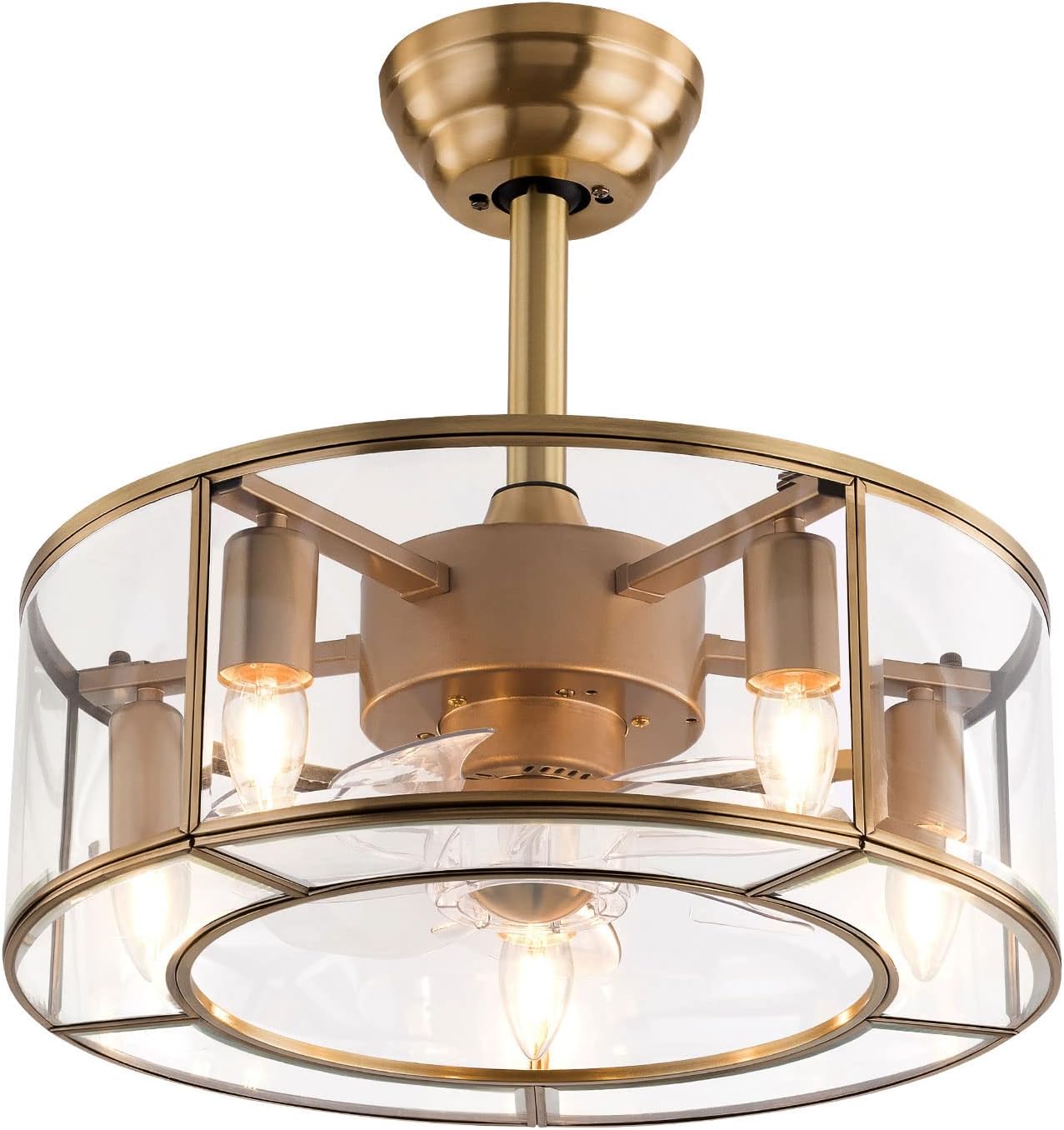 18" Ceiling Fans with Lights, Modern Caged Farmhouse Fandelier with Remote Control, 7 Blades 6-Speed, Reversible Ceiling Fan Light Fixture for Area 107-161ft², Kitchen Bedroom Office Gold E26*5