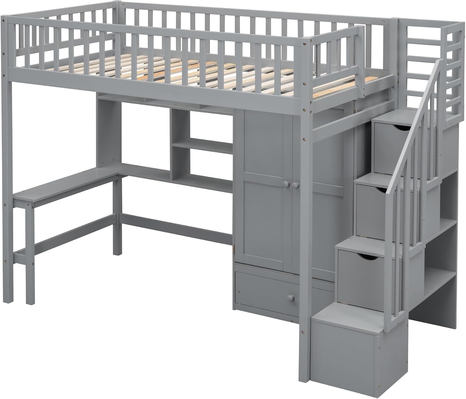 Loft Bed with Bookshelf Desk and Wardrobe Grey H653