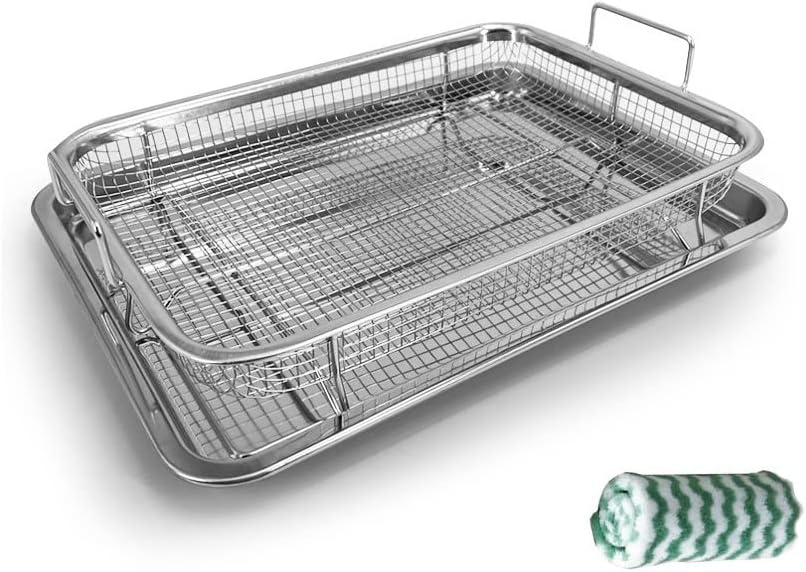 Air Fryer Stainless Steel Basket for Oven, Stainless Steel Crisper Tray and Pan Tray & Grease Catcher | Even Cooking | Non-Stick | Air Fry Mesh Basket Set for Fries/Bacon Rack/Frozen