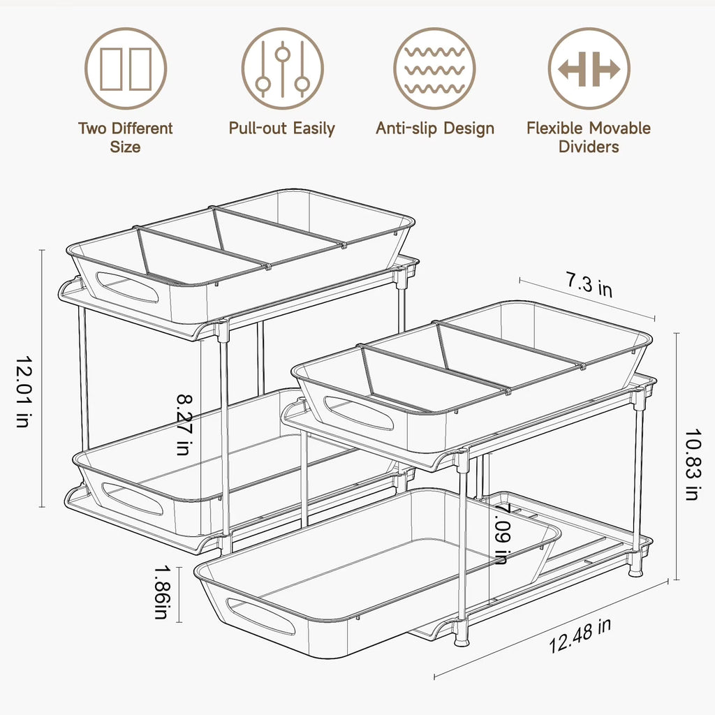 2 Tier Under Sink Organizer 2 Pack, Clear Pull Out Drawer Cabinet Storage with Movable Dividers for Bathroom Kitchen Pantry, Medicine Cosmetic Spice Shelf, Transparent