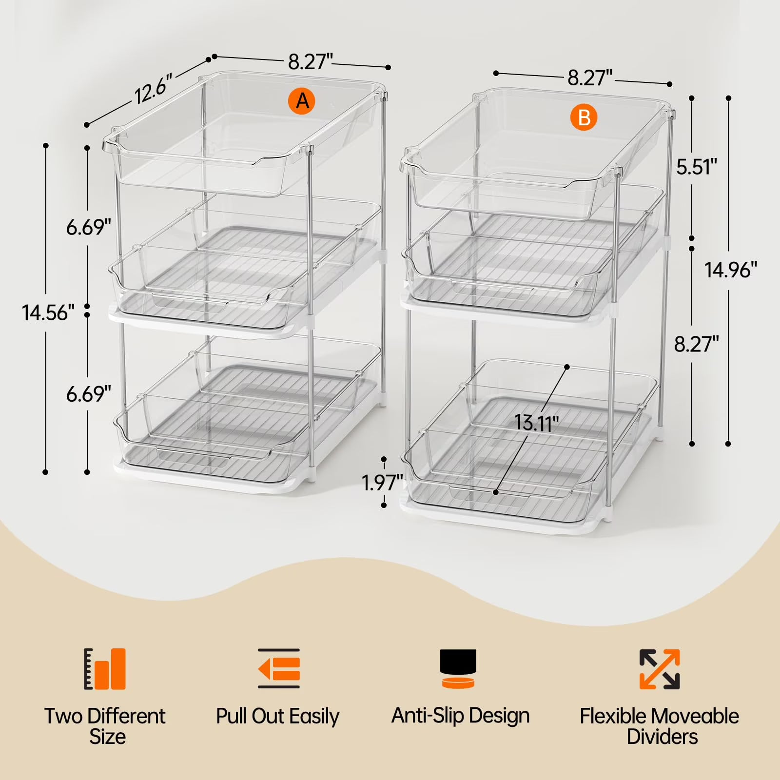 2 Pack Under Sink Organizers, 3 Tier Stackable Storage with Pull Out Drawers, Bathroom Medicine Cabinet Kitchen Pantry Organization, White