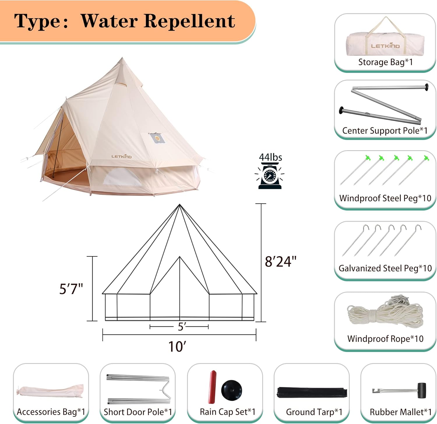Canvas Tent with Stove Jack, 4 Season Waterproof Camping Tent for Outdoor Glamping J56591