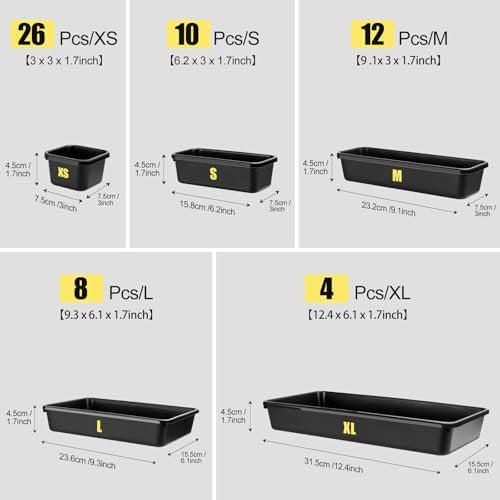 Tool Box Organizer Tray Divider, 60 Pack, 5 Sizes, Black Plastic Bins for Garage and Desk Storage X349