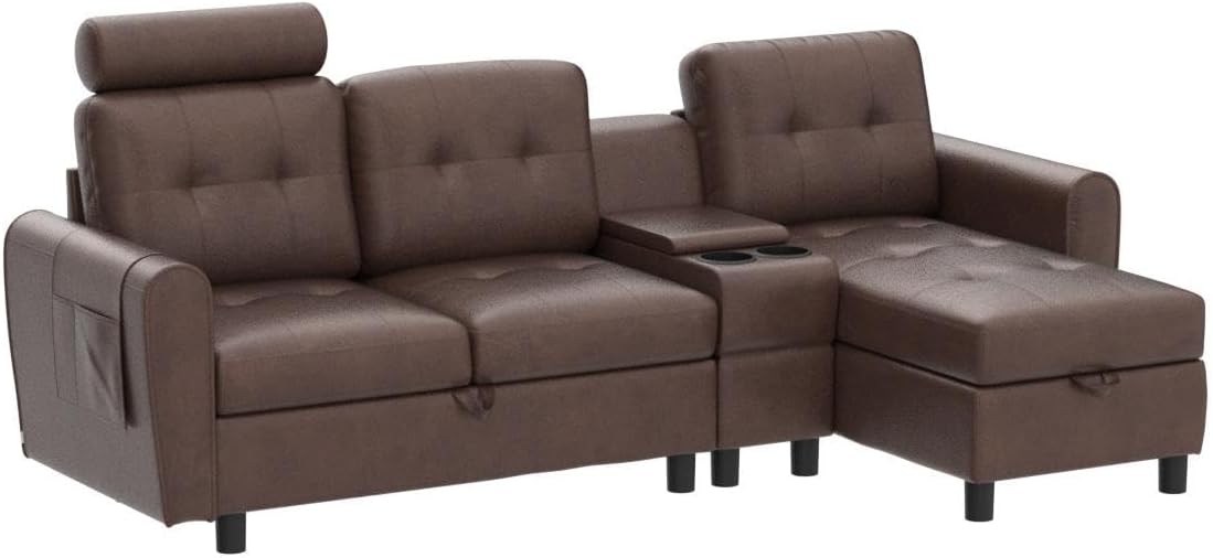 89" Sectional Storage Sofa, L Shaped Couch with Cup Holders & Adjustable Headrest, 3 Seat for Living Room C4164