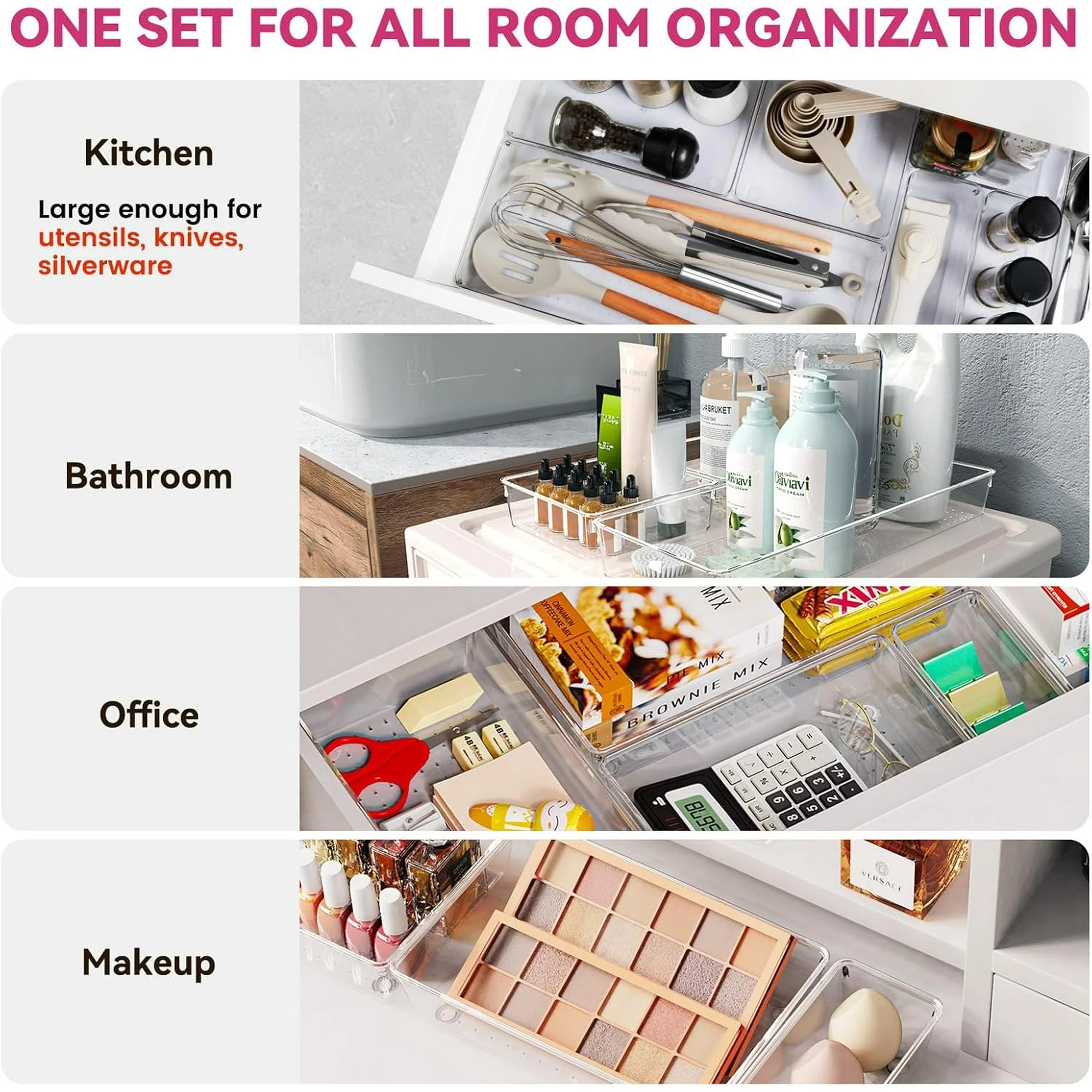 Large Clear Plastic Drawer Organizer Bins, 5 Size Heavy Duty Storage for Kitchen Utensils O979