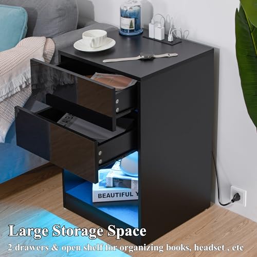 White LED Nightstand with Charging Station and Drawers V454