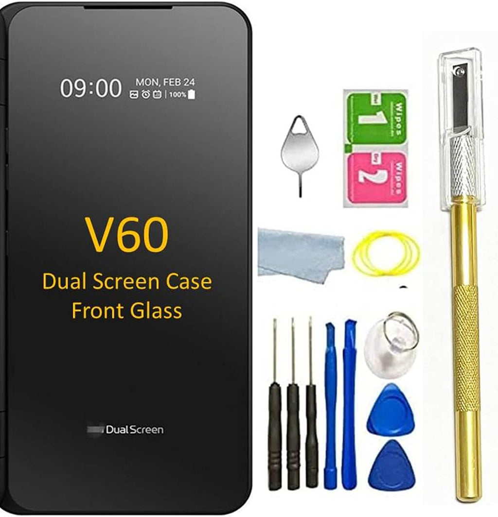 V60 Dual Screen Front Glass Replacement with Pre- Installed Tape Parts Back Glass for Case Cover for LG V60 ThinQ Dual Screen +Tools Black