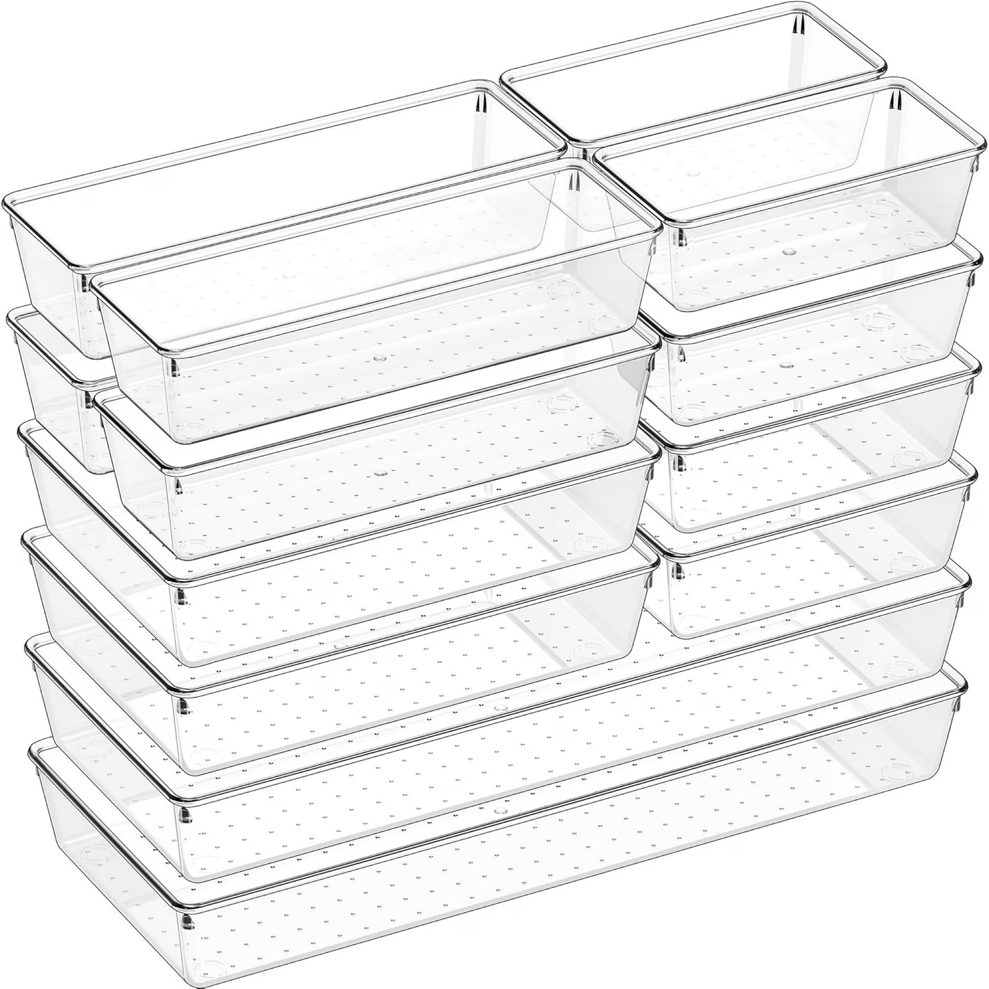 14 PCS Clear Plastic Drawer Organizer Set - 5 Large Size Versatile Kitchen and Bathroom Organizer Trays, Non-Slip Storage Bins for Makeup, Utensils, Tool and Office Desk